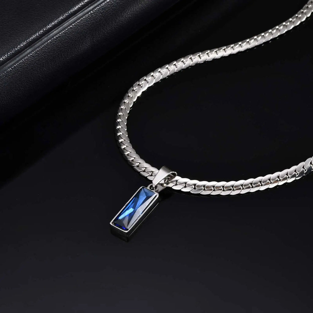 Blue Stone Cuban Pendant Necklace — SS