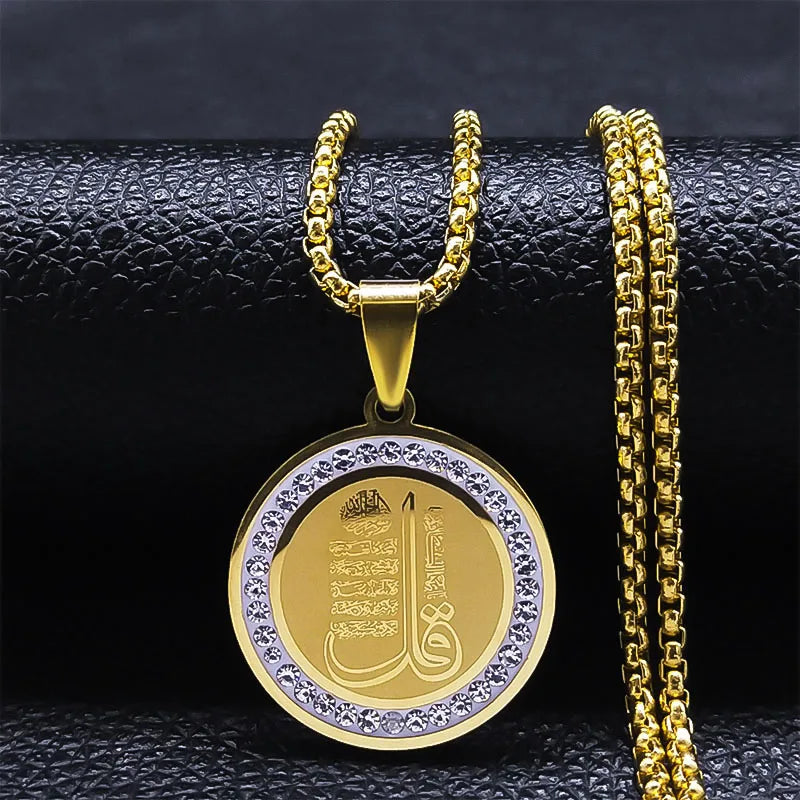 Muslim Islamic Religious Stainless Steel Crystal Necklace Women Islam Quran Allah Pendant Necklaces Arabic Jewelry