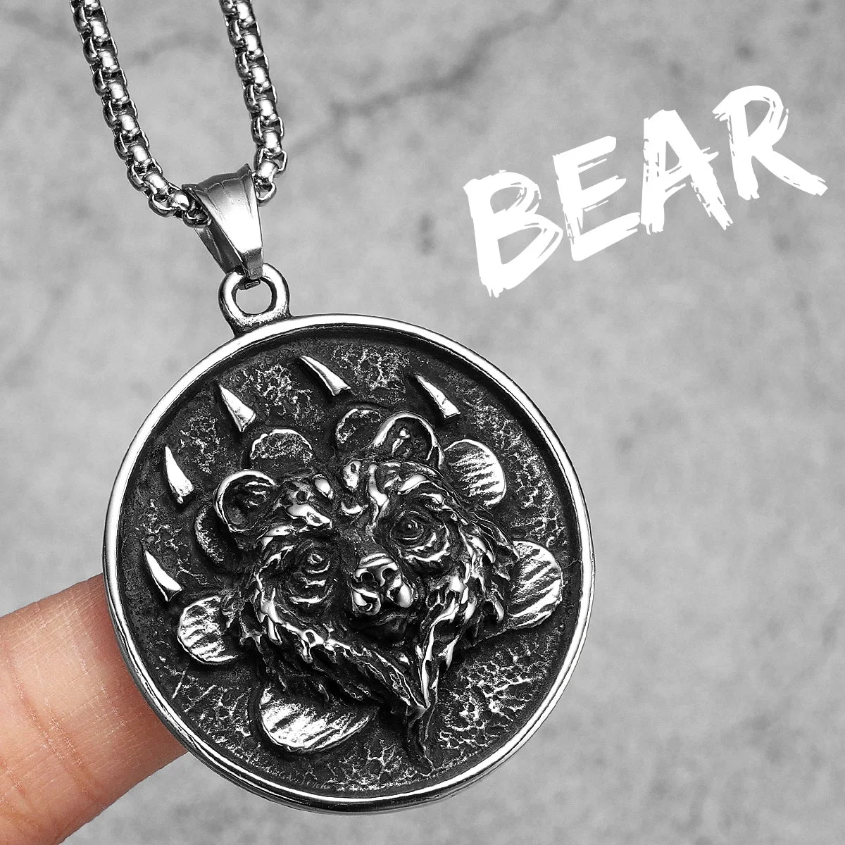 Viking Bear Head Claw Coin Pendant Necklace — Stainless Steel