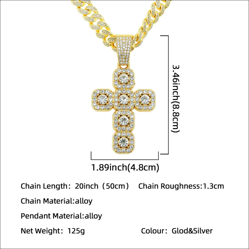Iced Out Square Cross 13mm Cuban Chain Necklace — Zinc Alloy
