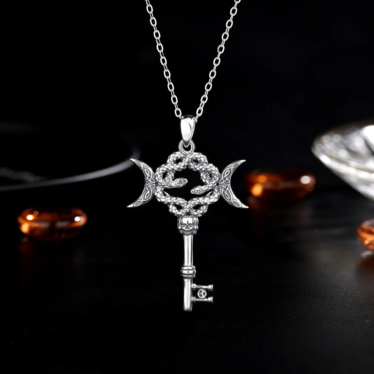 AEONSLOVE Silver Hecate Snake Key Necklace Triple Moon Goddess Pendant Witch Amulet Spiritual Jewelry for Women