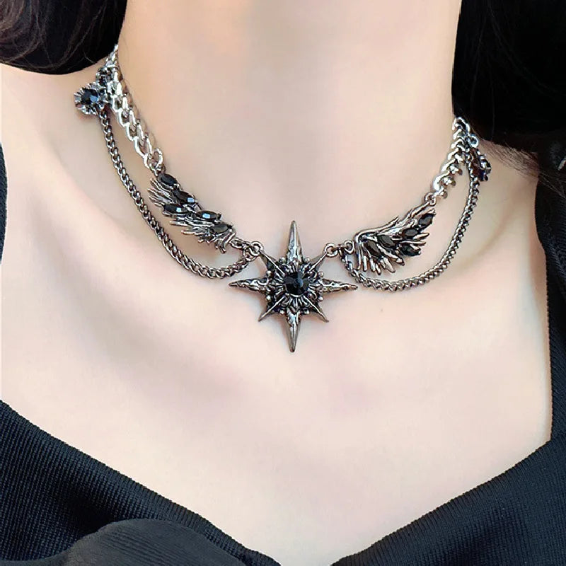 Gothic Hexagram Star Wing Necklace — Stainless Steel