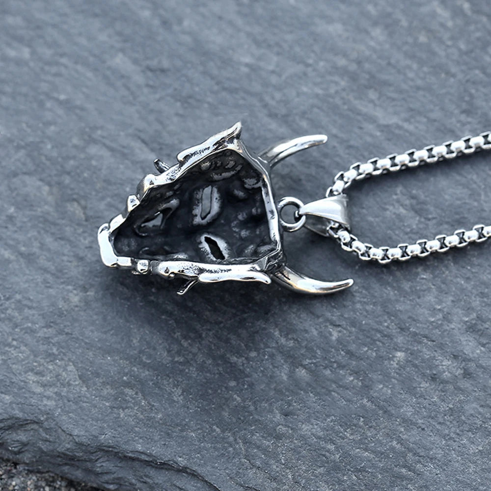 Long Horn Demon Mask Pendant — Stainless Steel