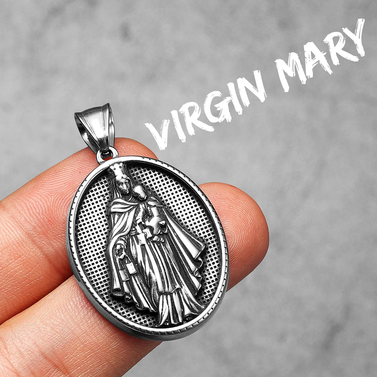 Virgin Mary Pendant Necklace Stainless Steel Vintage