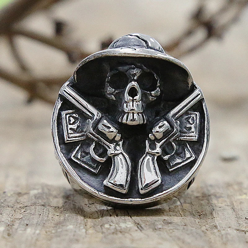 Cowboy Double Gun Skull Ring — Stainless Steel