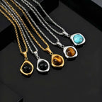 Classic Fashion Round Natural Agate Tiger Eye Stone Necklace for Men, Stainless Steel Irregular Pendant Necklace, Punk Jewelry