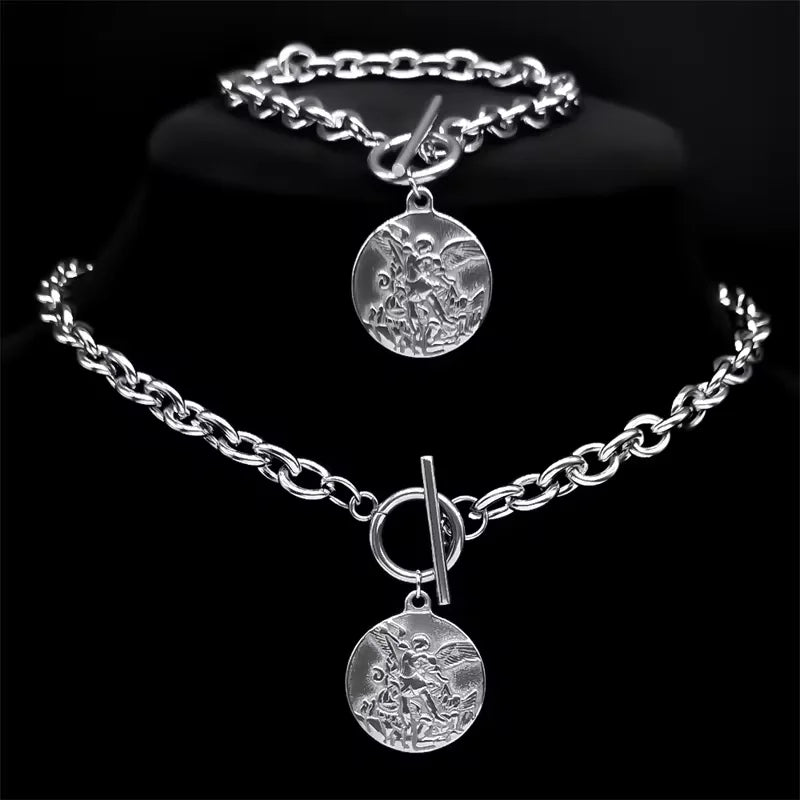 Saint Michael Angel Necklace Bracelet Set — Gold
