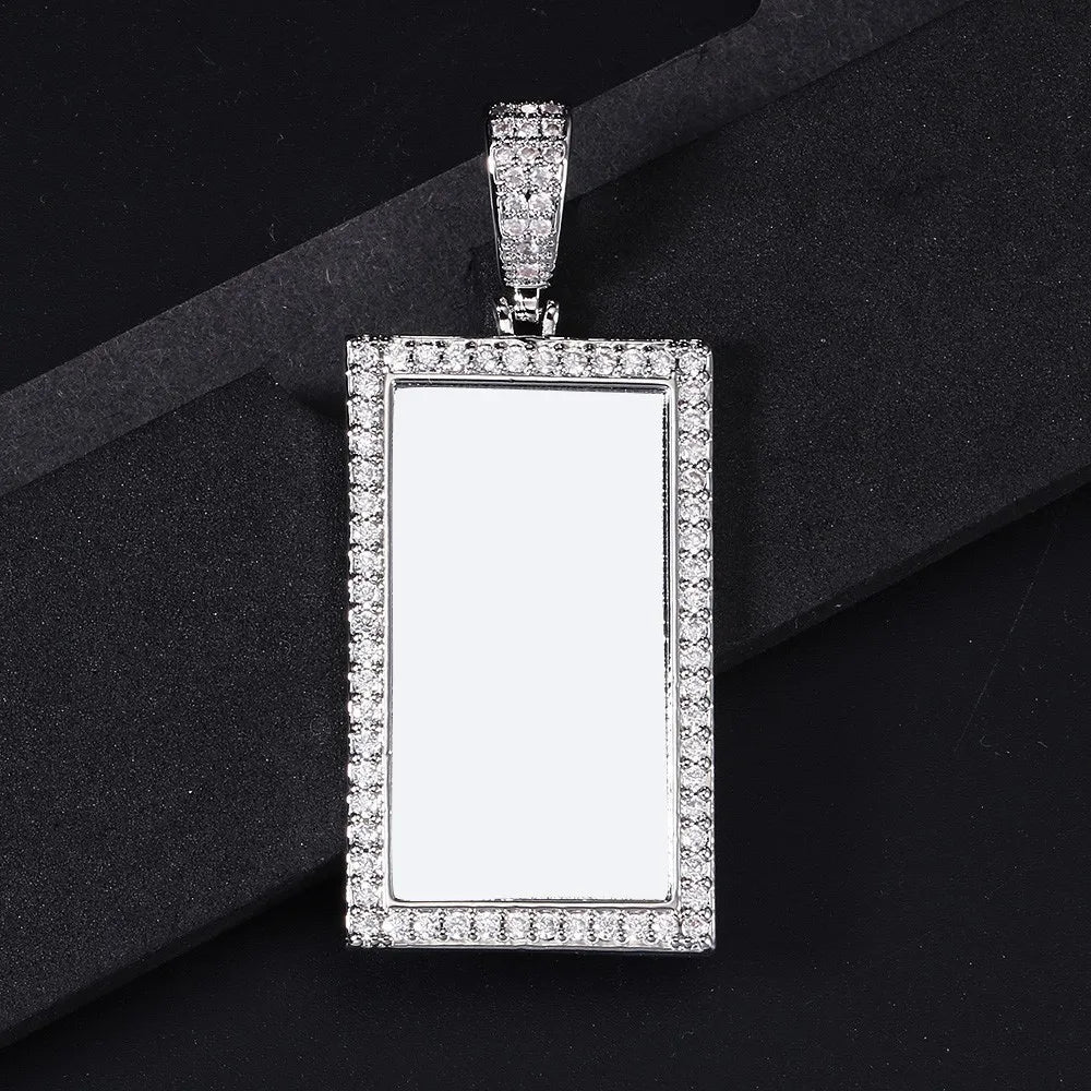 Iced Out Rectangle Photo Pendant Necklace