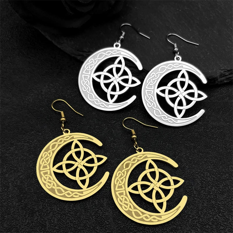 Celtic Gold Earrings Crescent Moon Witch's Knot