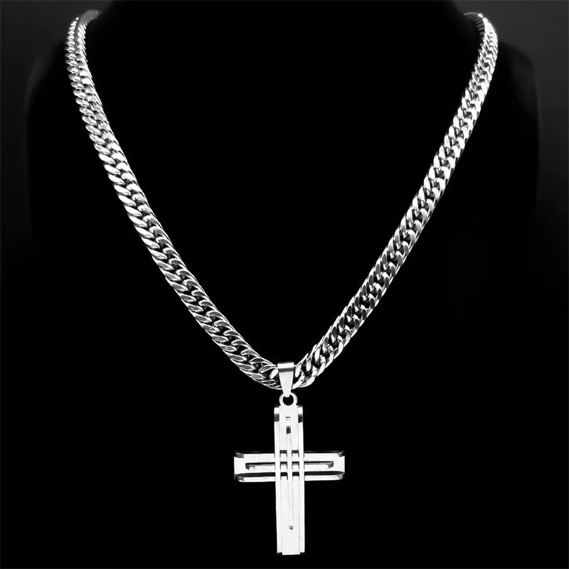 Cross Layered Silver Pendant Necklace — Stainless Steel