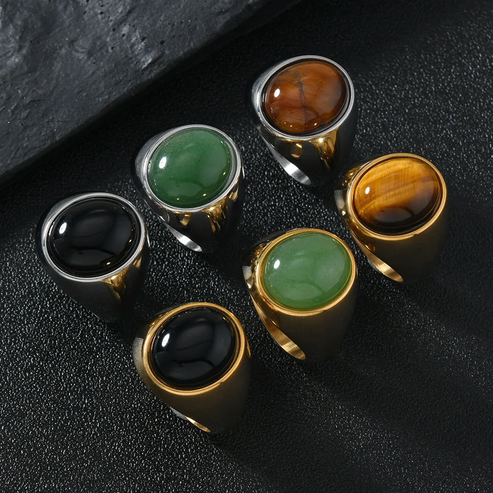 Tiger Black Ring 316L Oval Natural Stone