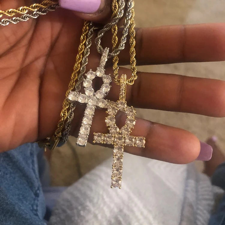 Gold Iced Out Cross Ankh Pendant Necklace