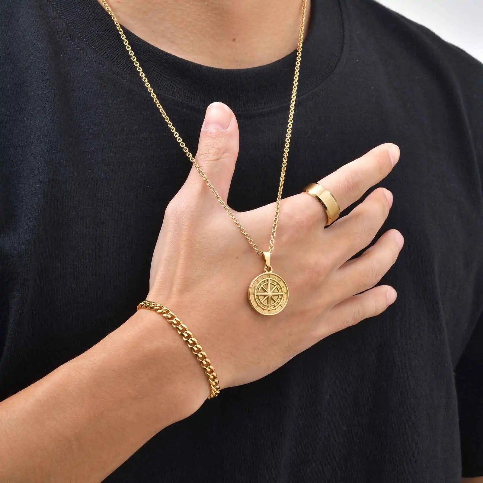 3pcs Classic Compass Necklace Set Gift for Men,Silver Gold Color Stainless Steel Bracelet Ring,Simple Jewelry Set