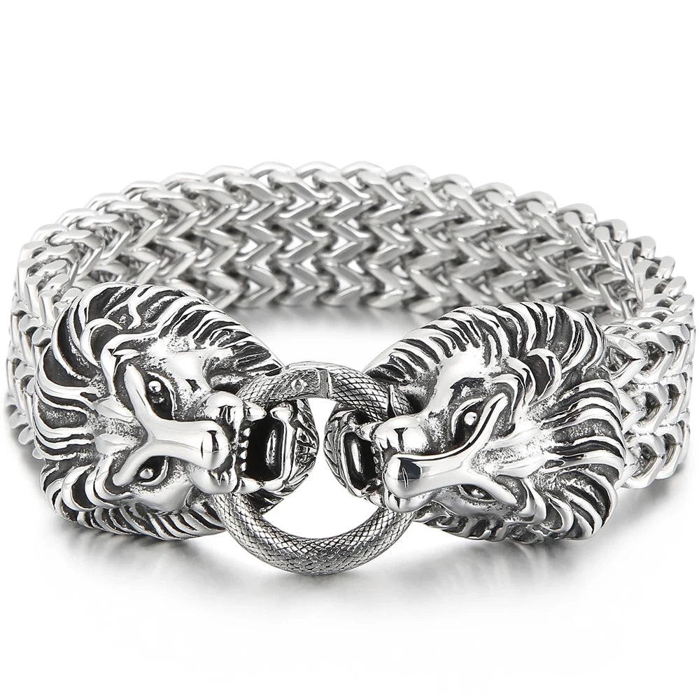 Massive Lion Skull Head Bracelet for Man Stainless Steel 18MM Wide Square Franco Chain Men's Bracelets Animal Wrist