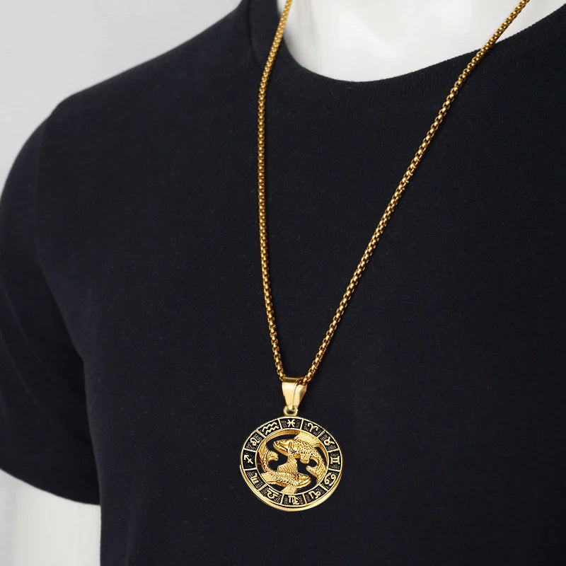 Zodiac Sign Leo Scorpio Pendant Necklace for Women/Men Gold Color Stainless Steel Round 12 Constellation Necklaces