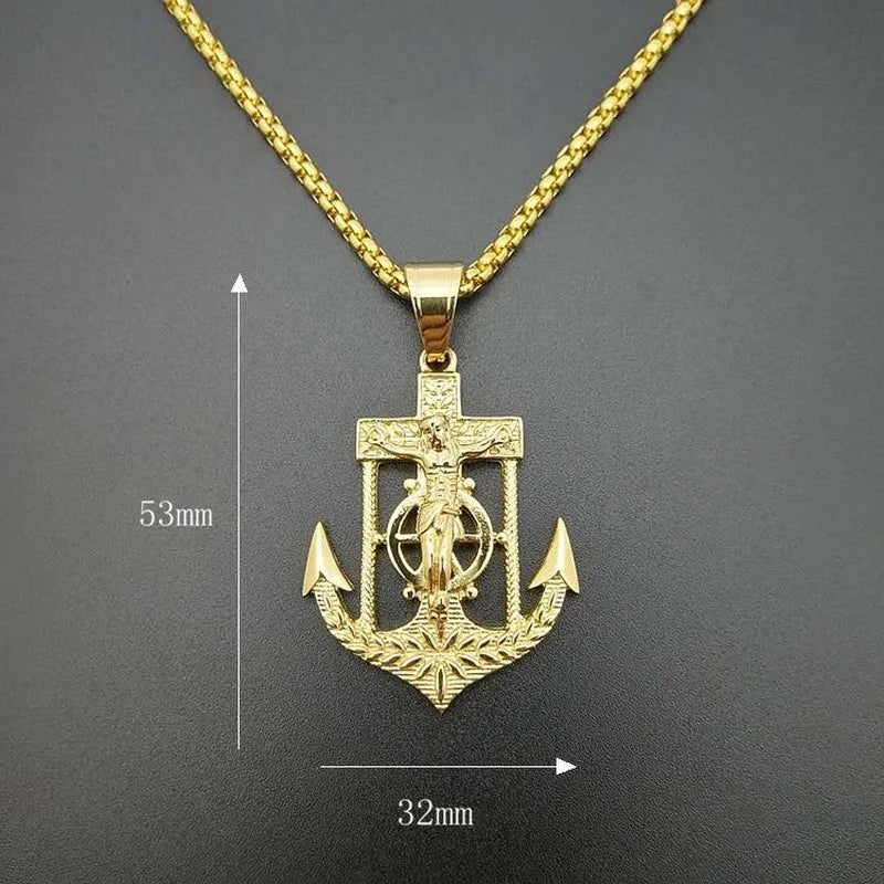 Jesus Christ Religion Necklace New Men's Fashion Titanium Steel Gold-Plated Anchor Cross Pendant Necklace Hip Hop Jewelry