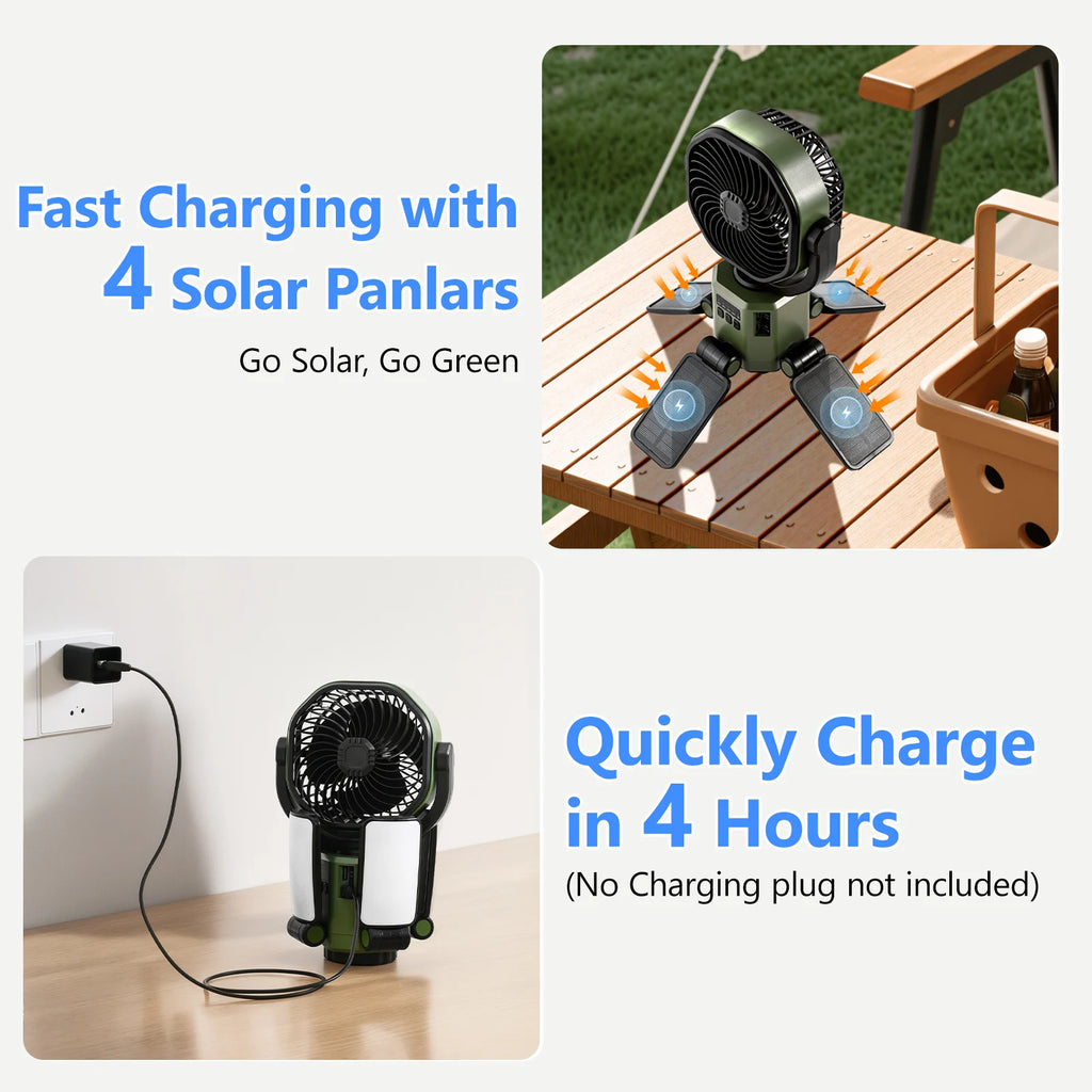 Eary Solar Powered Fan 6000mAh Battery Operated 4 Speed Wind With Led Light Outdoor Tent Fans for Camping Essentials