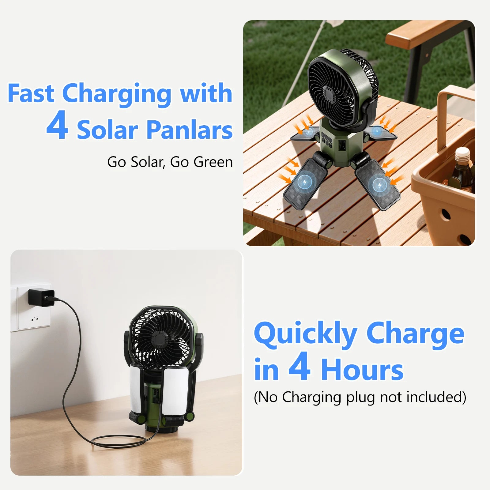 Eary Solar Powered Fan 6000mAh Battery Operated 4 Speed Wind With Led Light Outdoor Tent Fans for Camping Essentials
