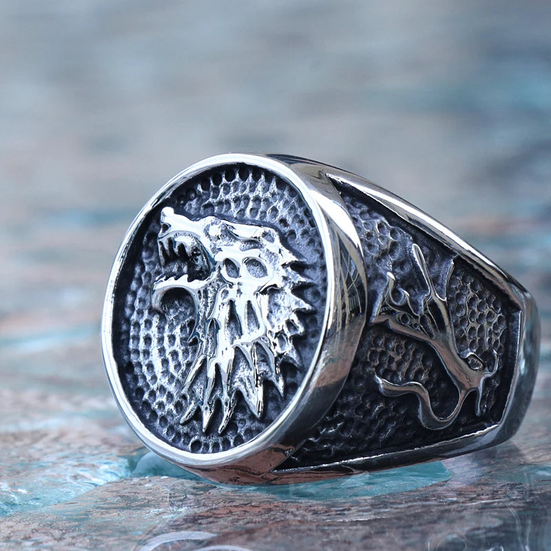 Retro Viking Stainless Steel Wolf Ring Men Biker Ice Wolf House Stark Winterfell Animal Ring Nordic Fashion Jewelry