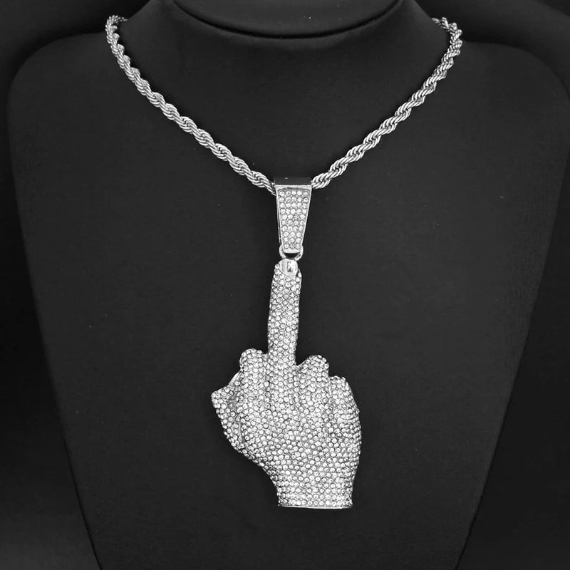Hip Hop Big Polite Gesture Middle Finger Pendant Necklace with 11mm Crystal Cuban Chain HipHop Iced Out Necklaces Men