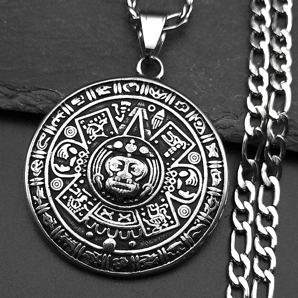 Vintage Mayan Symbol Pendant Necklace For Men Women Stainless Steel Black Ethnic Style Faith Amulet Chain Jewelry