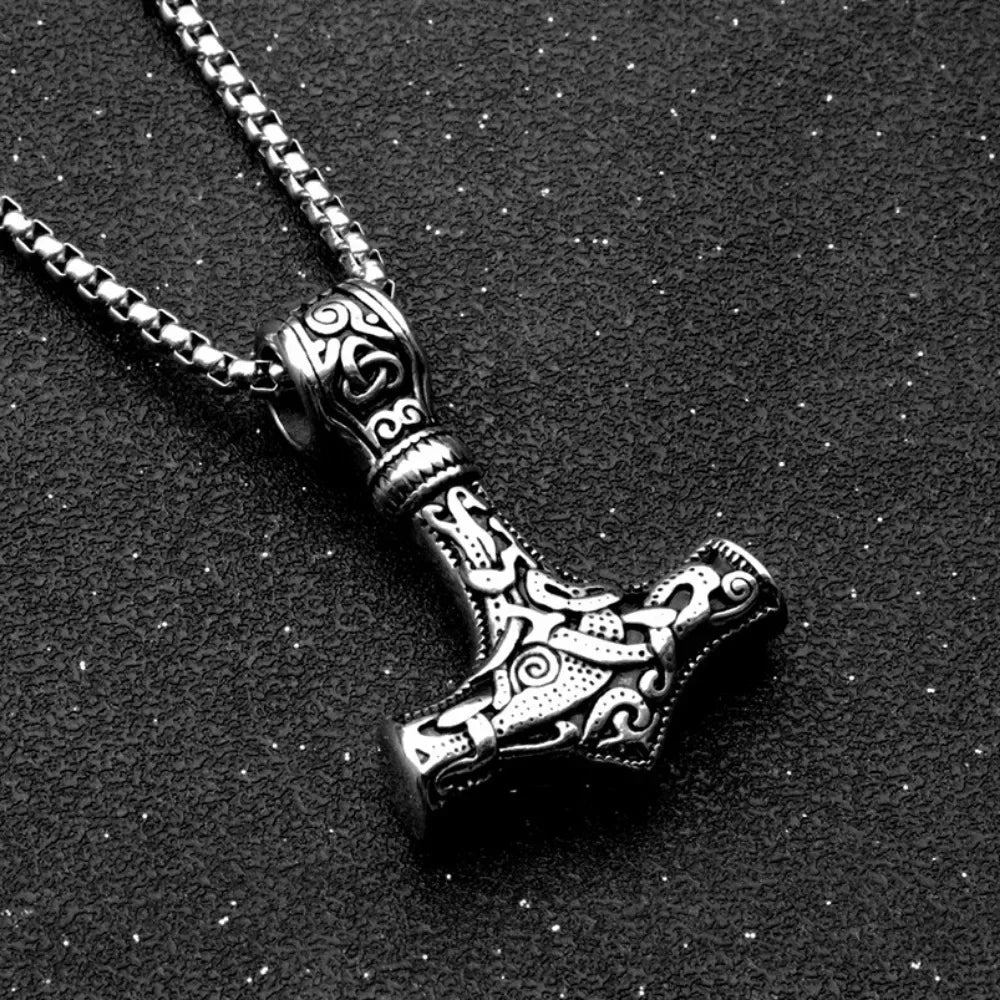 Vintage Odin Viking Hammer Pendant Necklace for Men Stainless Steel Chain Party Jewelry
