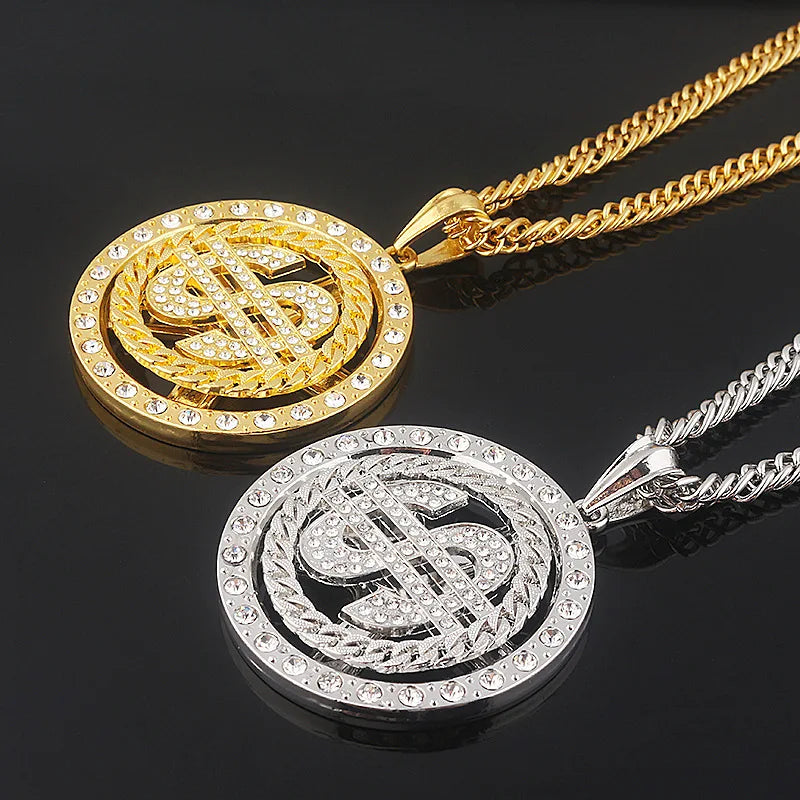 Rotatable Crystal US Dollar Sign Pendant Necklace