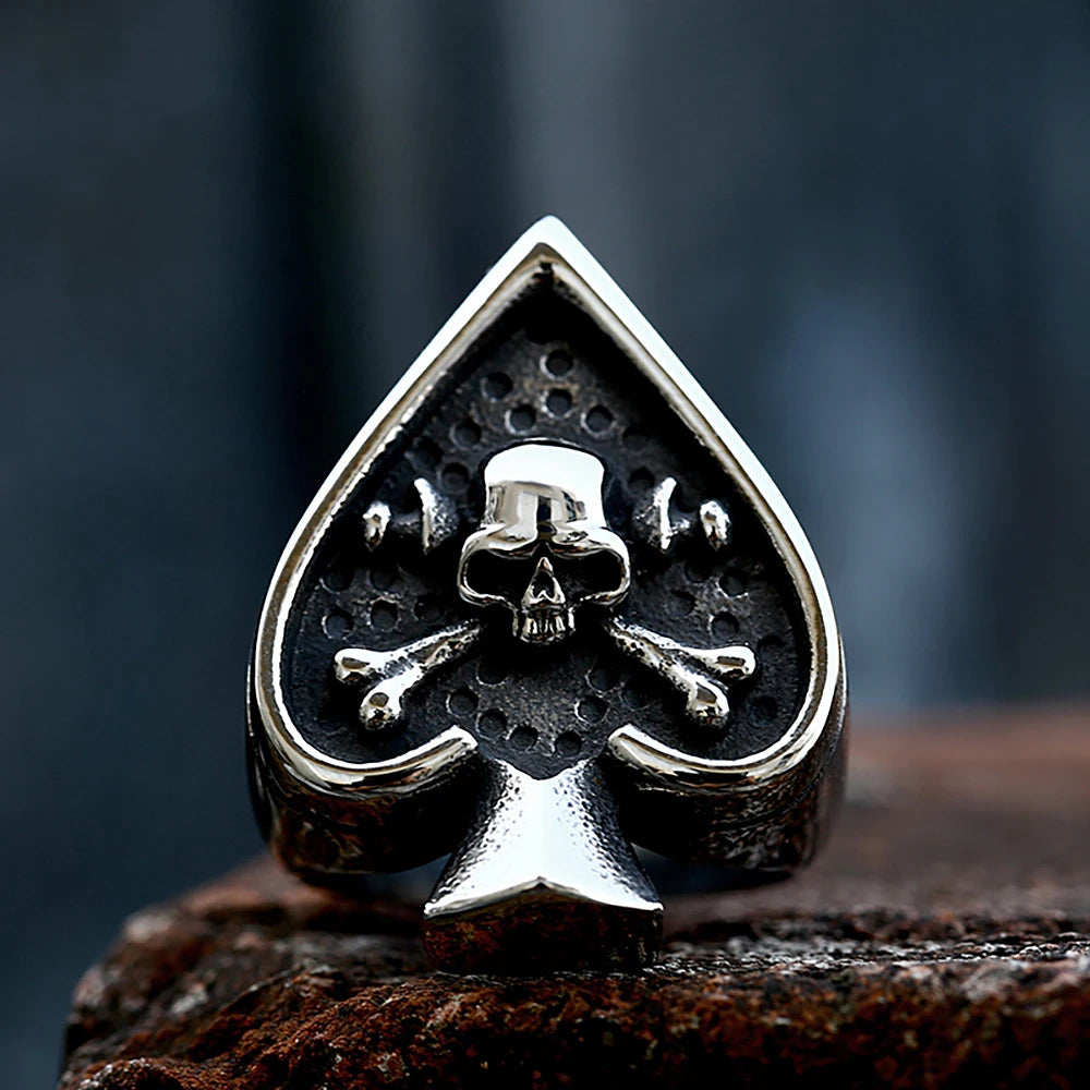 Gothic Poker Card Spades Skull Ring — 316L Stainless Steel