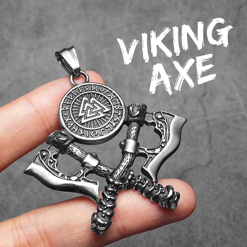 Viking Double Battle Axe Men Necklaces Stainless Steel Pendant Chain Women Punk Fashion Jewelry Accessories Gifts