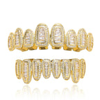 Iced Out Grillz Teeth Set Top & Bottom Hip Hop Pave Baguette CZ Dental Grills Gold Silver Color Party Cosplay Jewelry