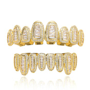 Iced Out Grillz Teeth Set Top & Bottom Hip Hop Pave Baguette CZ Dental Grills Gold Silver Color Party Cosplay Jewelry