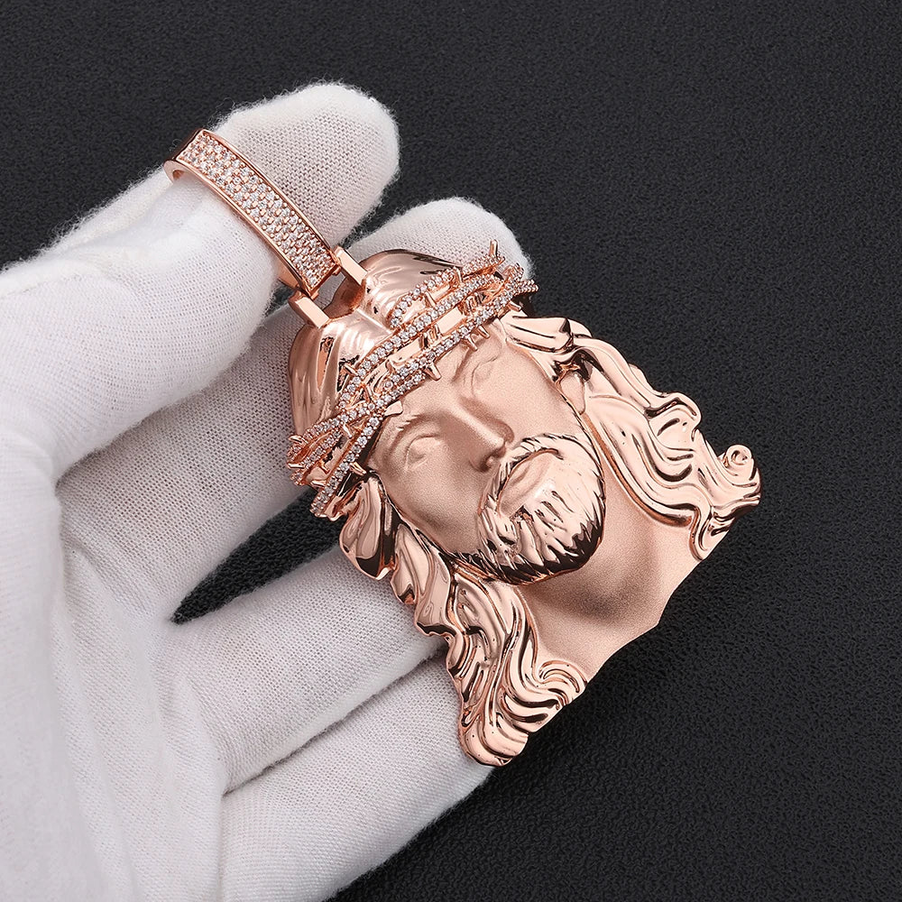 NY Fine Iced Out Jesus Head Pendant Necklace Brass Inlaid With CZ Crown Of Thorns Charm Men Hip Hop Religious Christian Jewelry
