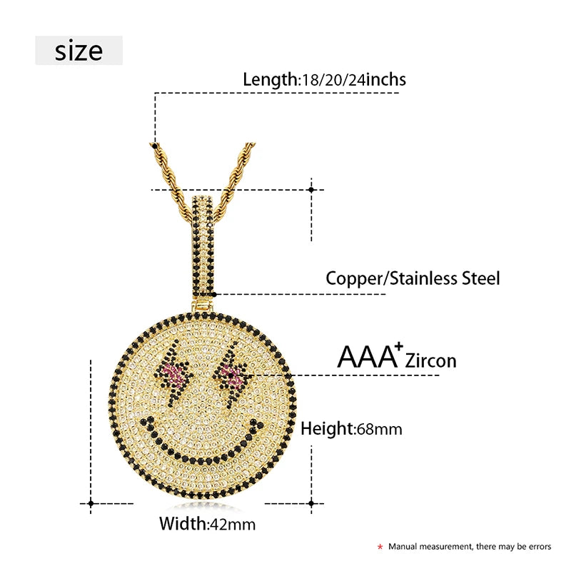 Trendy Round Zircon Copper Pendant Necklace for Men Fine Hip Hop Jewelry Pendant with Rope Chains