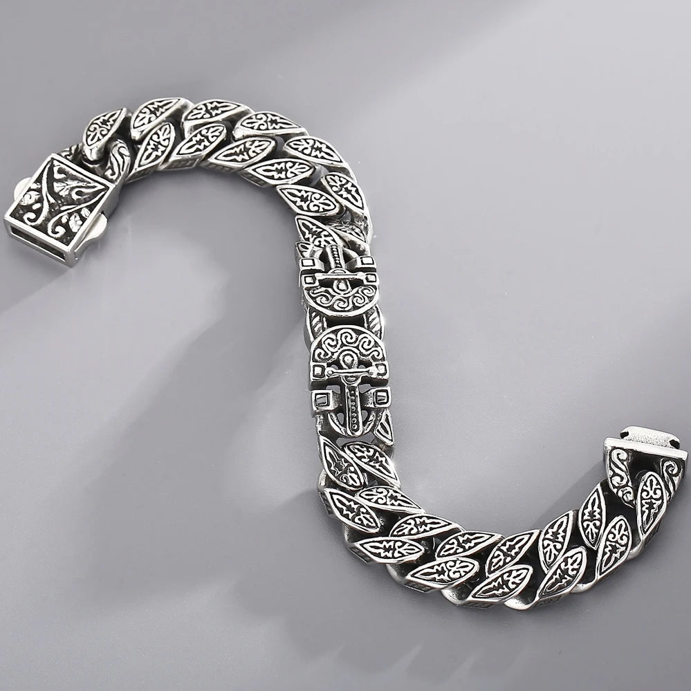 Cross Bracelet for Man Solid Stainless Steel Curb Link Chain Ancient Egyptian Style Wristband Jewelry Gifts Patterned