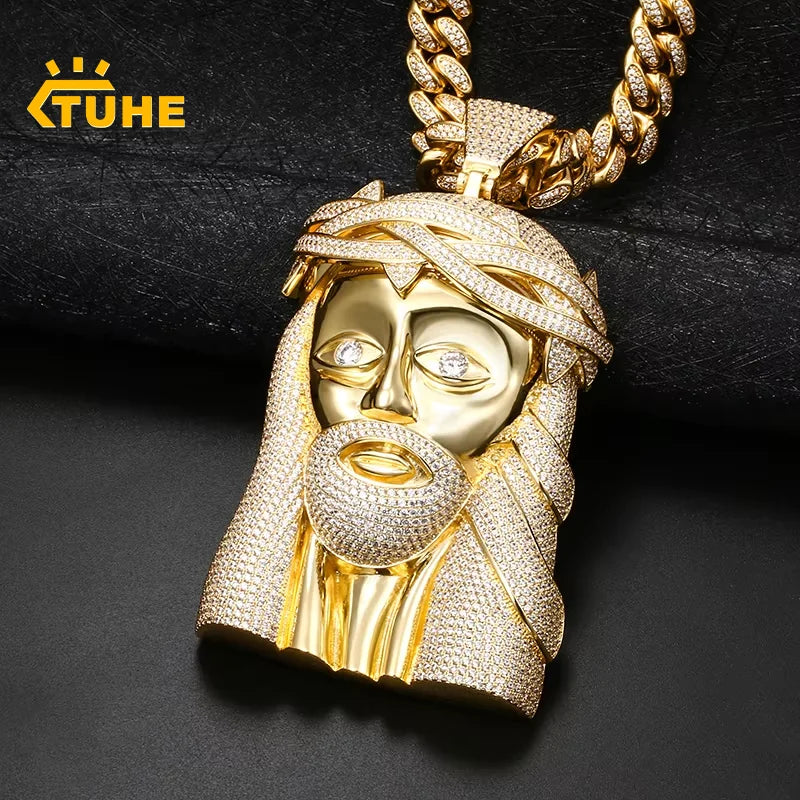 Super Big Gold Colour Jesus Copper Iced Out Cubic Zirconia Pendant Necklace For Men's Hip Hop Jewelry Wholesale Drop Shipping