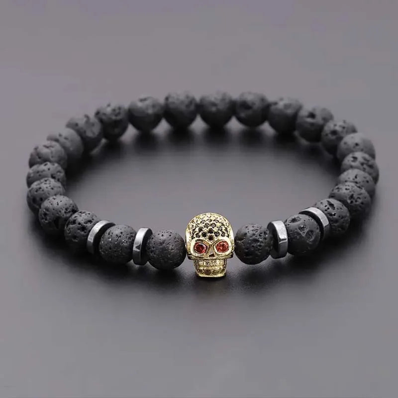 Black Eye Skull Hematite Bead Bracelet Men Classic Handmade 8mm Lava Stone Charm Bracelet For Men Jewelry Gift
