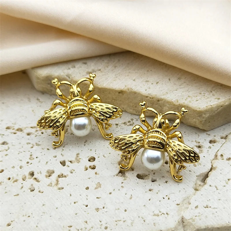 Gold Bee Pearl Stud Earrings — Stainless Steel