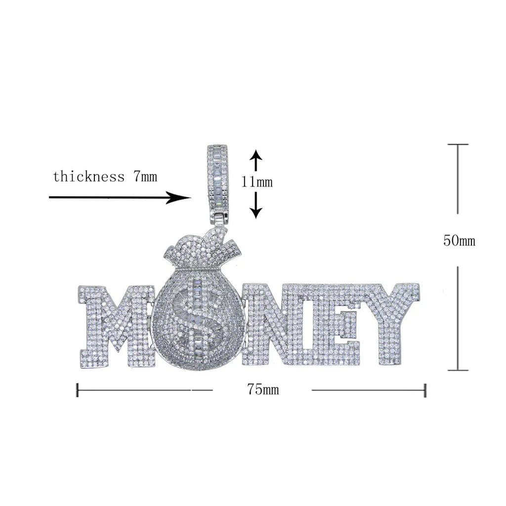 Iced Out Money Bag Pendant Necklace — CZ Pave, Gold-Tone, 60cm