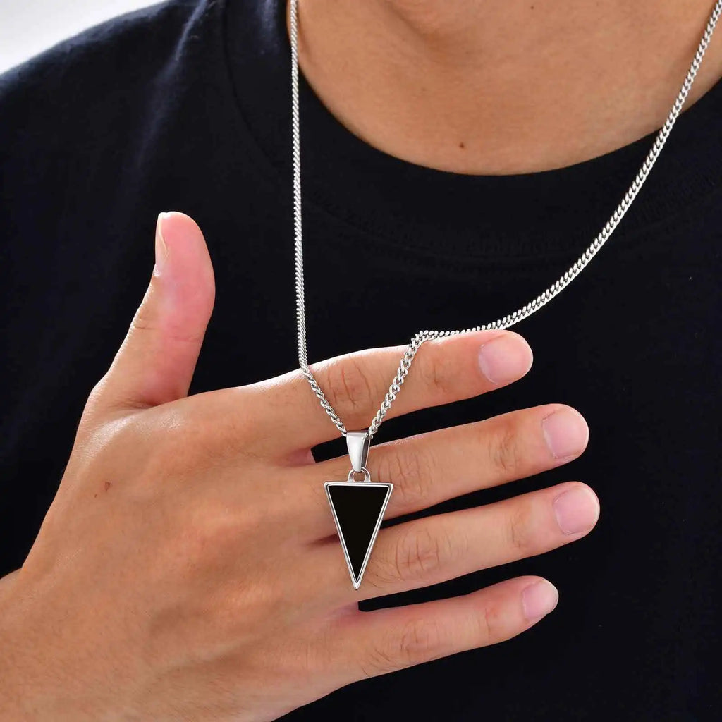 Black Agate Triangle Pendant — Stainless