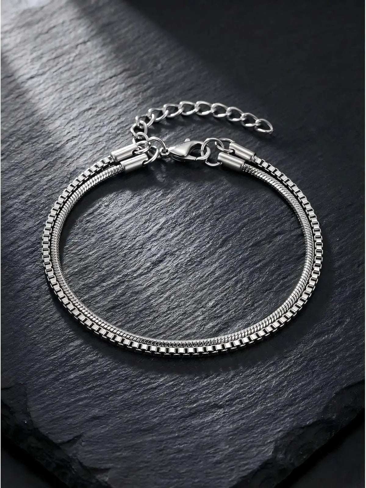 Silver Box Chain Bracelet Set — Stainless Steel