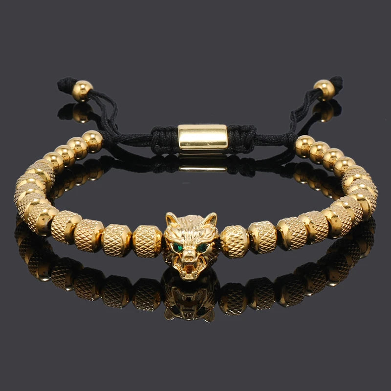 Luxury Stainless Steel Beads Wolf Charms Man Bracelets Woman Hand Jewelry Couple Gift