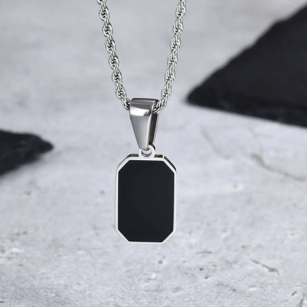 Black Enamel Rectangle Rope Chain Pendant