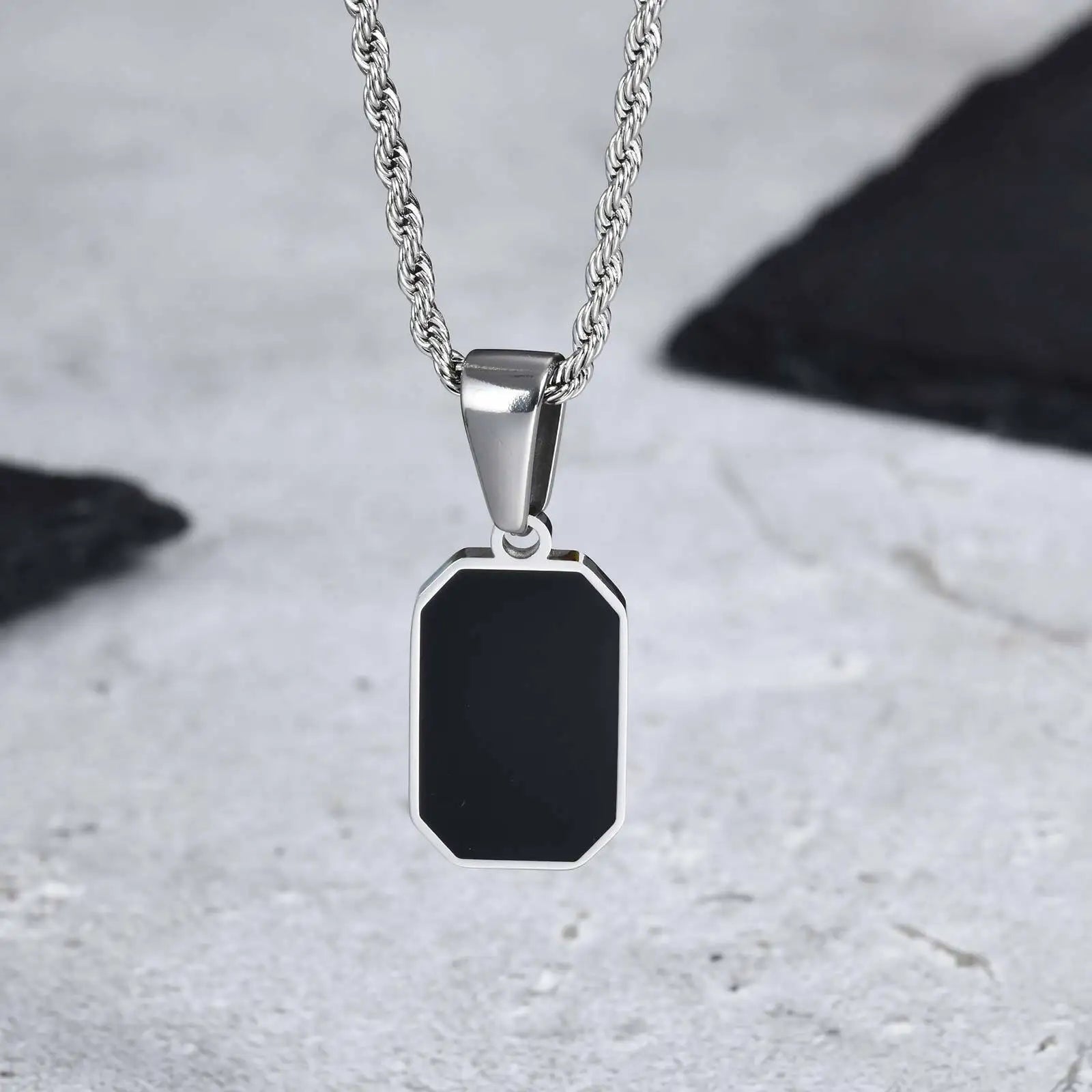 Black Enamel Rectangle Rope Chain Pendant