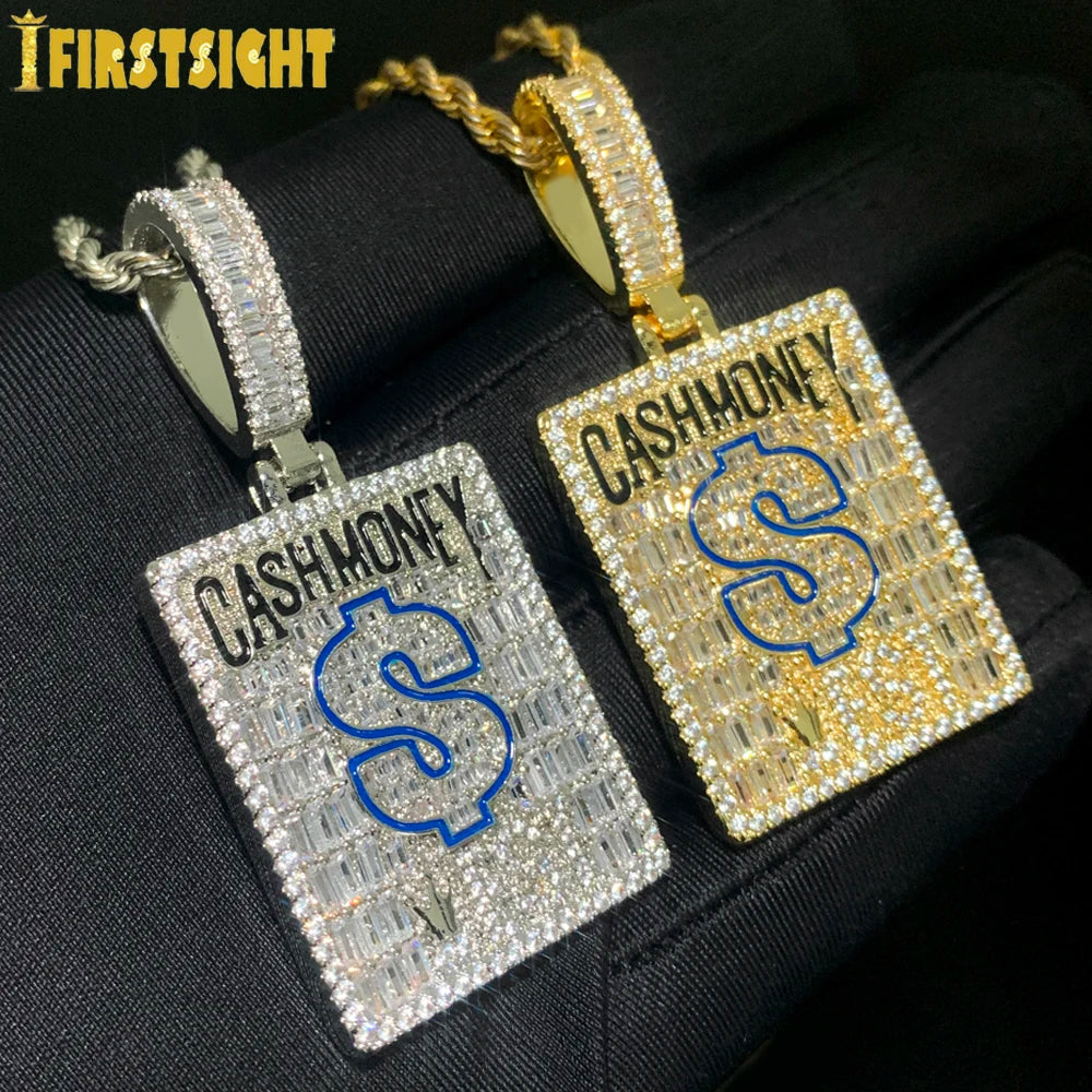2024 New Cash Money Pendant Necklace Gold Color Iced Out Bling CZ Cubic Zirconia Dollar Sign Charm Men Hip Hop Jewelry