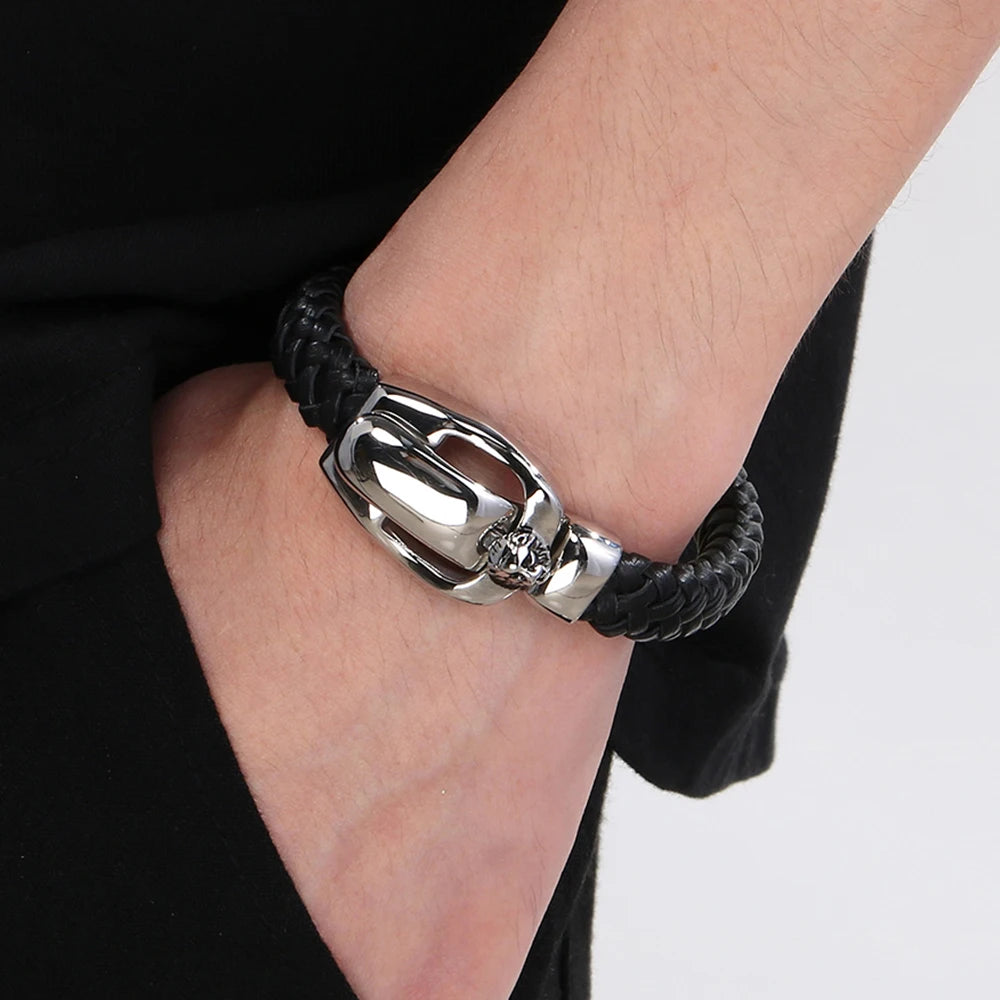 Biker Men‘s Bracelet Punk Braided Leather With Skull Lion Head Buckle Rope Cool Hip Hop Stainless Steel Jewelry Gift