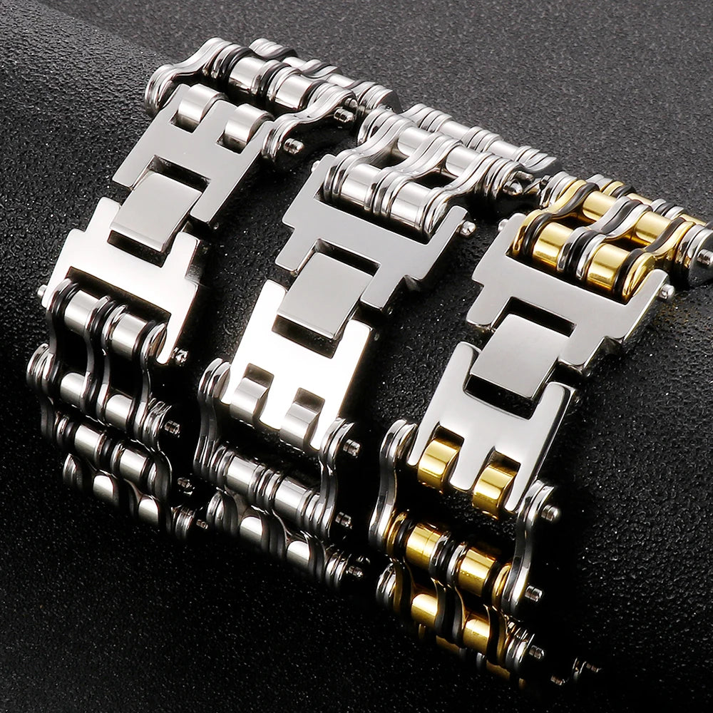 Stainless Steel Rock And Roll Rap Jewelry 24MM Width Motorcycle Chain Man Bracelet Hand Chain Accessories Wristband
