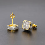 Iced Out Round Square Stud Earrings — Gold
