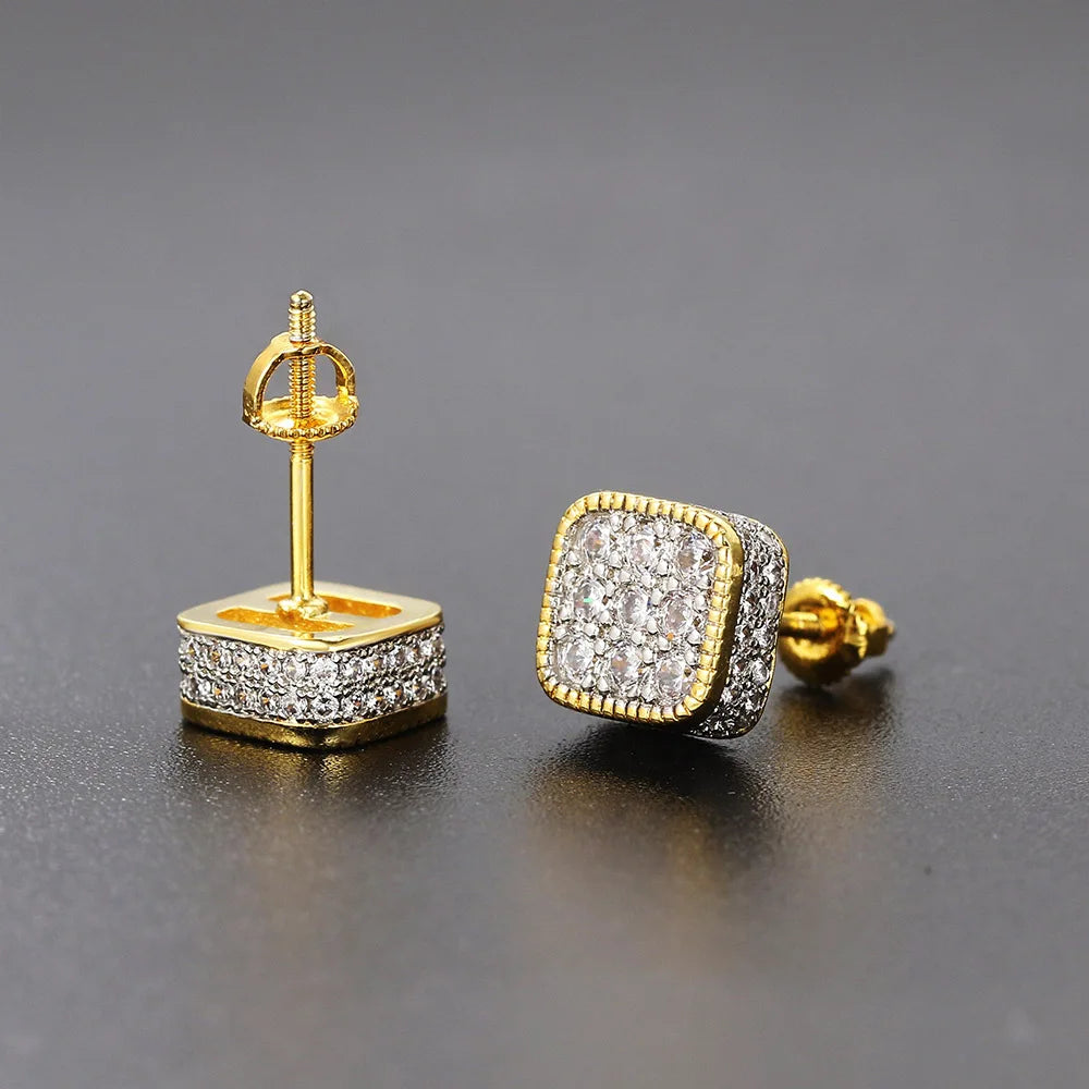 Iced Out Round Square Stud Earrings — Gold