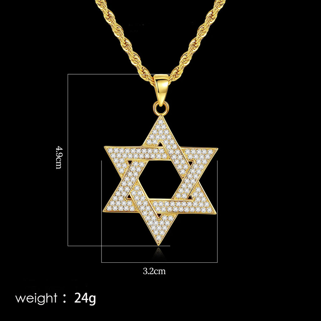 Iced Out Hexagram Pendant Necklace Stainless Steel