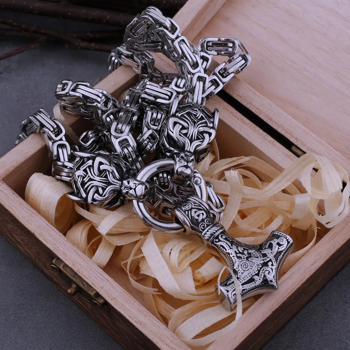 Viking Stainless Steel Wolf Head Thor's Hammer Necklace Men Punk Hip Hop Thick Chain Necklace Nordic Amulet Rune for